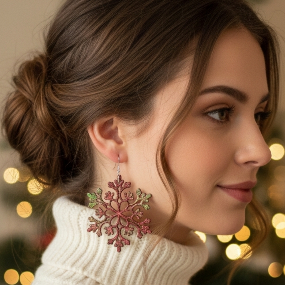 4" HANDCRAFTED Artisan Snowflake Pierced Earrings HANDPAINTED Holiday Jewelry
